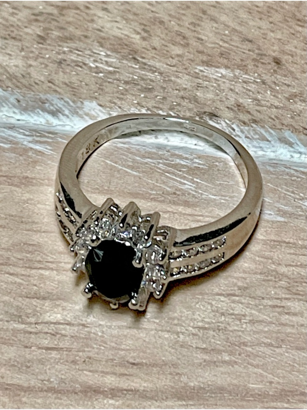 White Gold-Plated Black Onyx Stone Halo Ring with Clear Accent CZ Stones - Picture 3 of 4